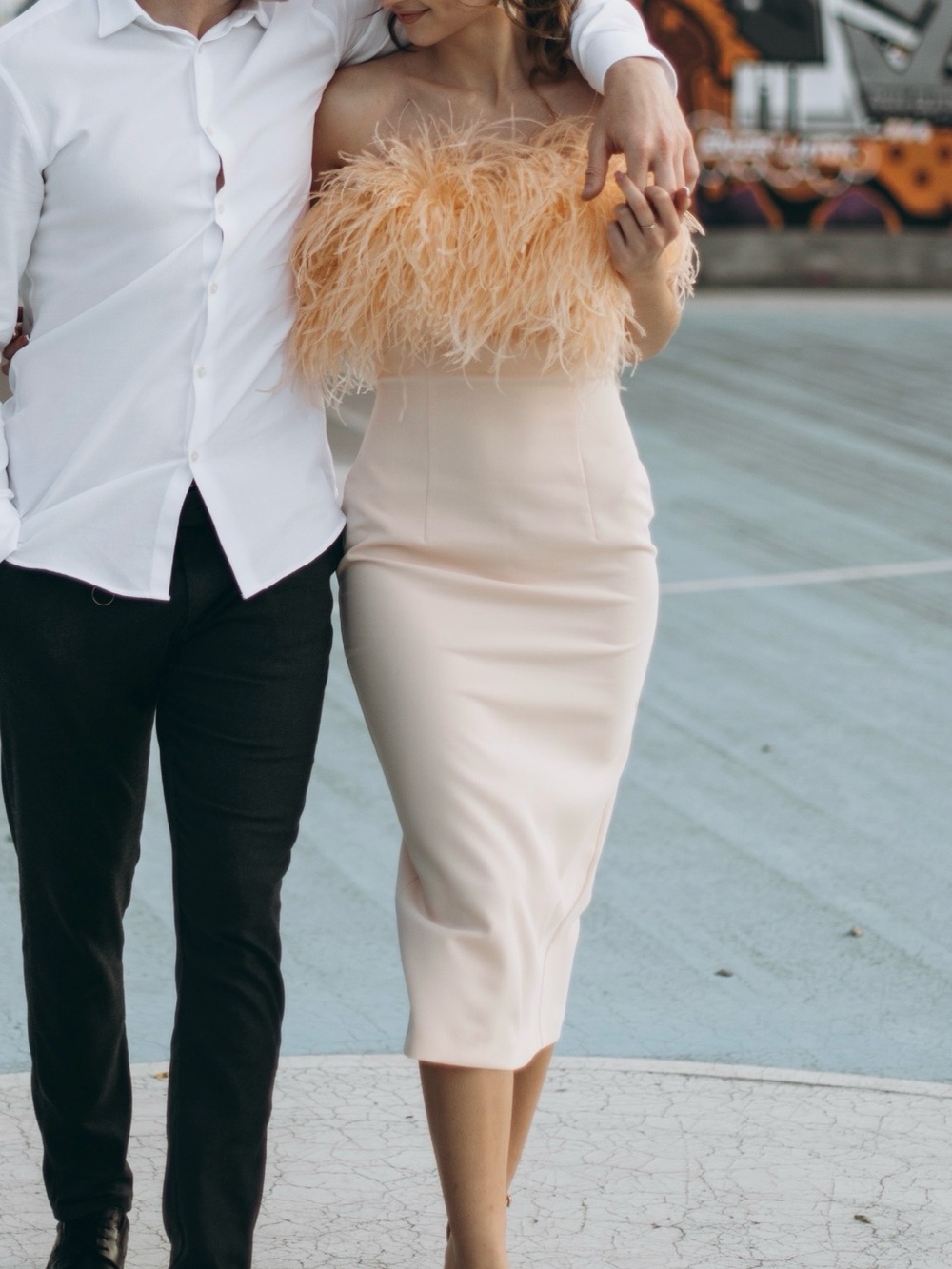 Strapless Feather-Trim Midi Dress in Peach
